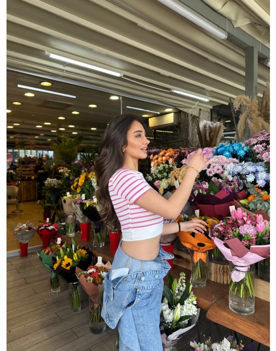 Fuşya Çizgili Manşet Detay T-Shirt