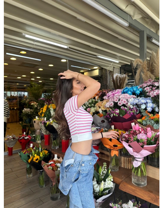 Fuşya Çizgili Manşet Detay T-Shirt