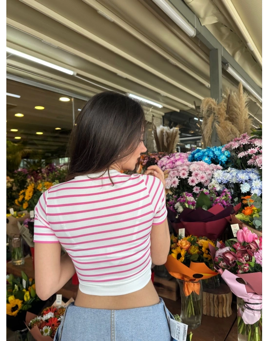 Fuşya Çizgili Manşet Detay T-Shirt