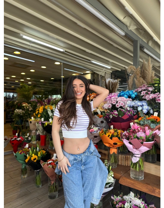 Mor Çizgili Manşet Detay T-Shirt