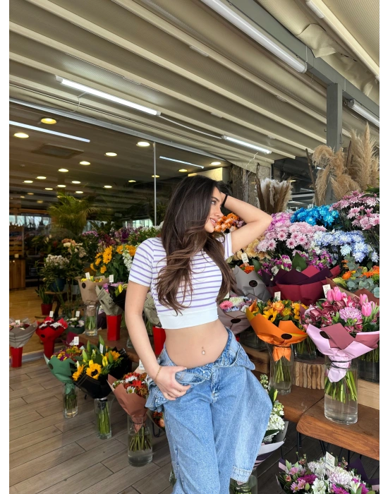 Mor Çizgili Manşet Detay T-Shirt