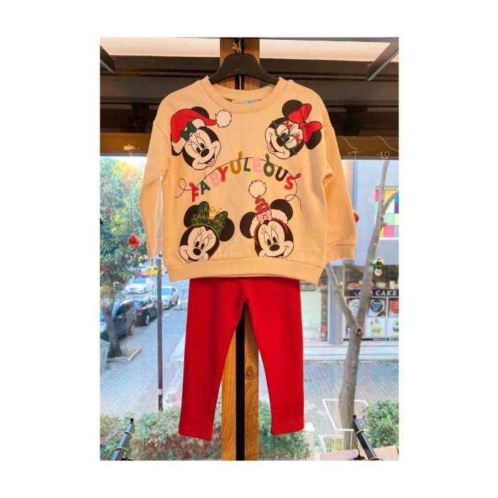 Krem Renk Mickey Mouse Desenli Noel Sweatshirt