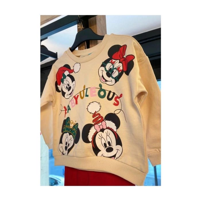 Krem Renk Mickey Mouse Desenli Noel Sweatshirt