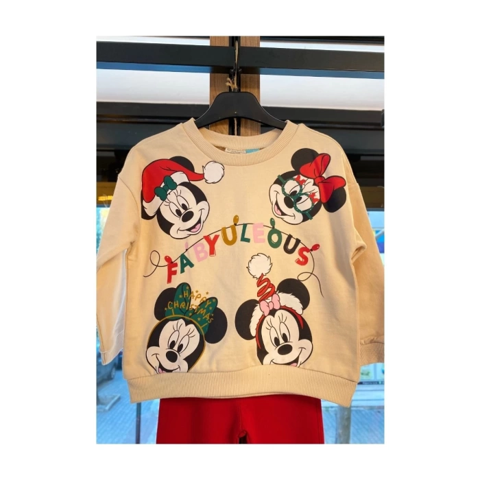 Krem Renk Mickey Mouse Desenli Noel Sweatshirt