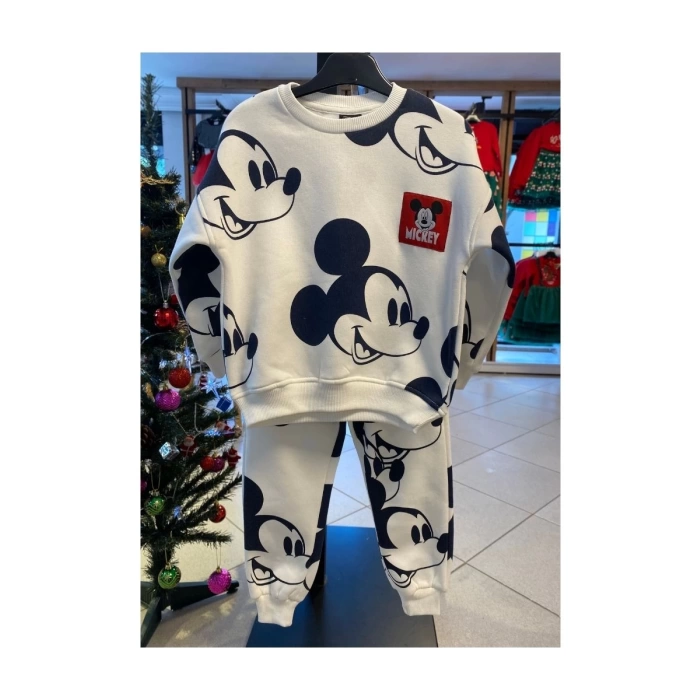 Krem Renk Mickey Mouse Desenli Şardonlu Unisex Eşofman Takımı