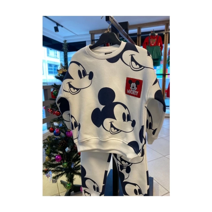 Krem Renk Mickey Mouse Desenli Şardonlu Unisex Eşofman Takımı