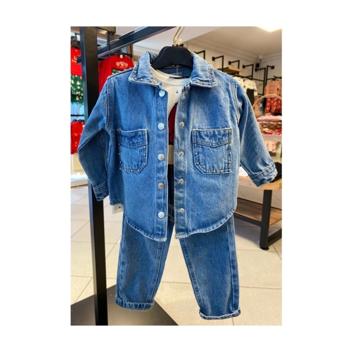 Mavi Renk Zımba Detaylı Unisex Jean Gömlek