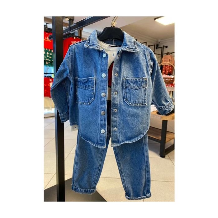 Mavi Renk Zımba Detaylı Unisex Jean Pantolon