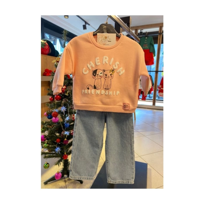 Somon Rengi Kedi Desenli Şardonlu Sweatshirt