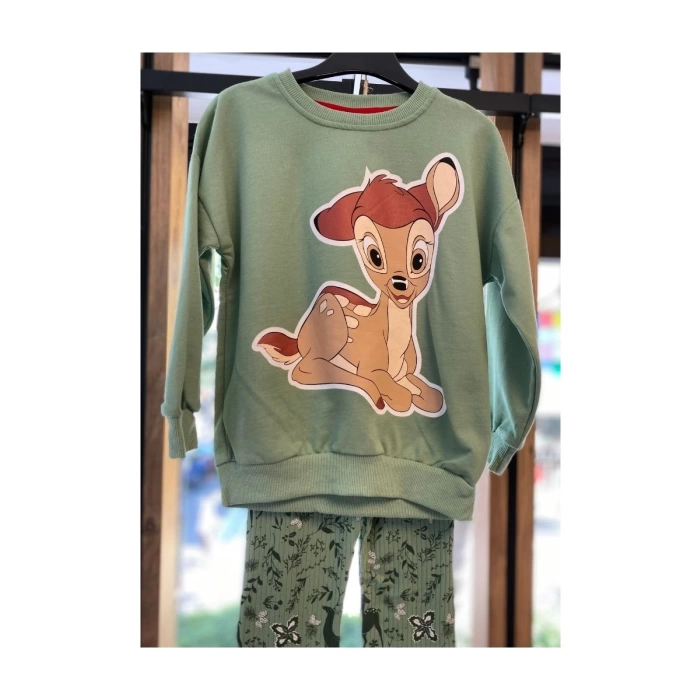 Yeşil Renk Bambi Baskılı Taytlı Takım