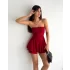 Kırmızı Eteği Fırfırlı Mini Straplez Elbise