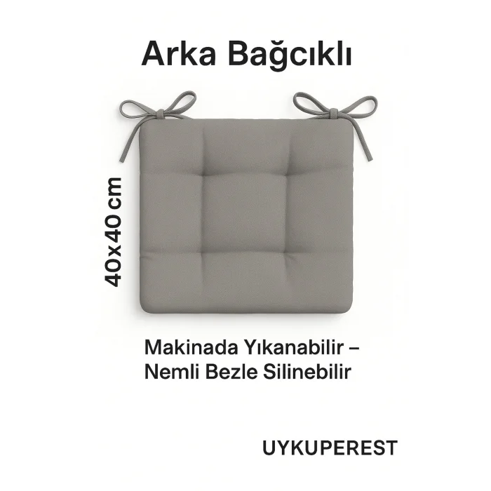 Pofidık Gri Sandalye Minderi – Bağcıklı, Slikon Dolgulu, Yıkanabilir