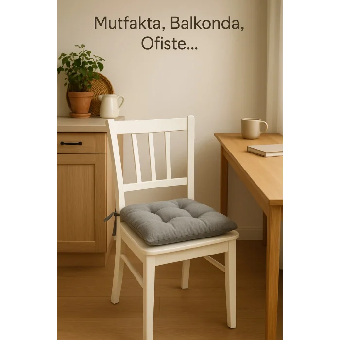 Pofidık Gri Sandalye Minderi – Bağcıklı, Slikon Dolgulu, Yıkanabilir