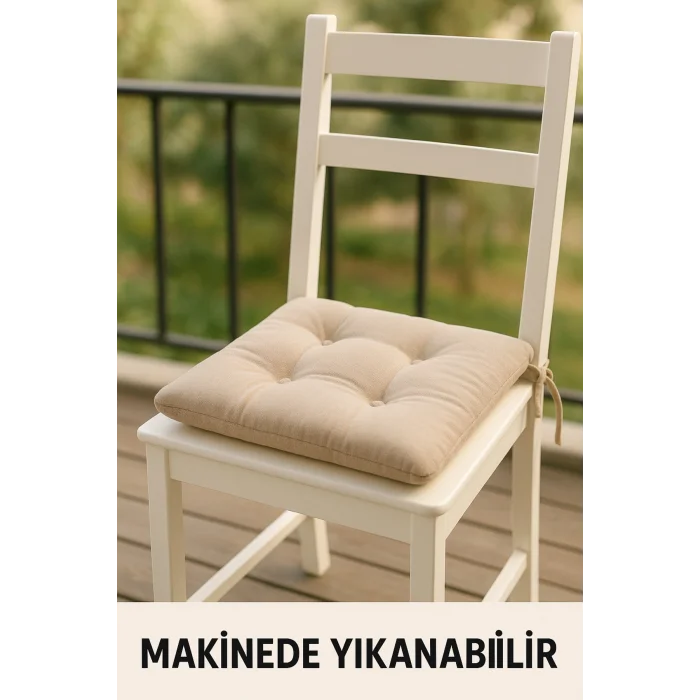 Pofidık Bej Sandalye Minderi – Bağcıklı, Slikon Dolgulu, Yıkanabilir