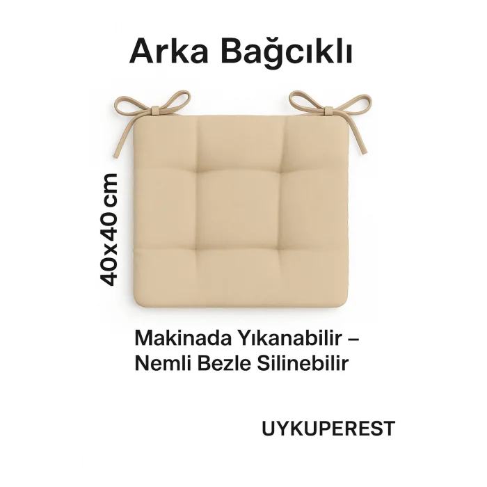 Pofidık Bej Sandalye Minderi – Bağcıklı, Slikon Dolgulu, Yıkanabilir