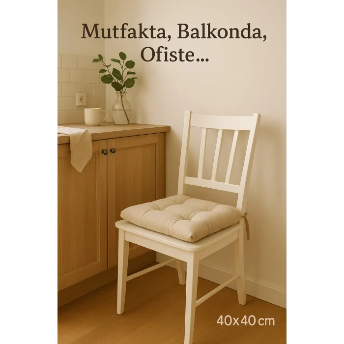 Pofidık Bej Sandalye Minderi – Bağcıklı, Slikon Dolgulu, Yıkanabilir