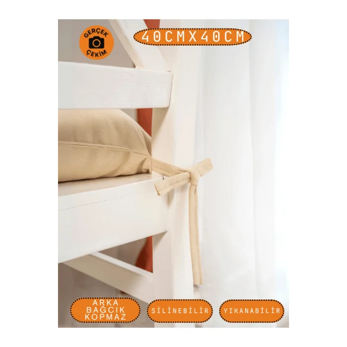 4’lü Pastello Sandalye Minderi – Bej – Bağcıklı, Slikon Dolgulu, Yıkanabilir – 40x40