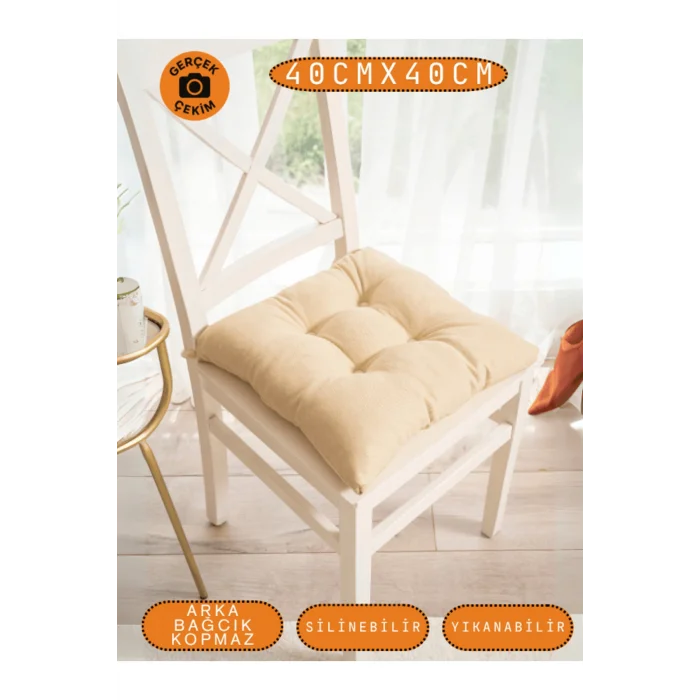4’lü Pastello Sandalye Minderi – Bej – Bağcıklı, Slikon Dolgulu, Yıkanabilir – 40x40