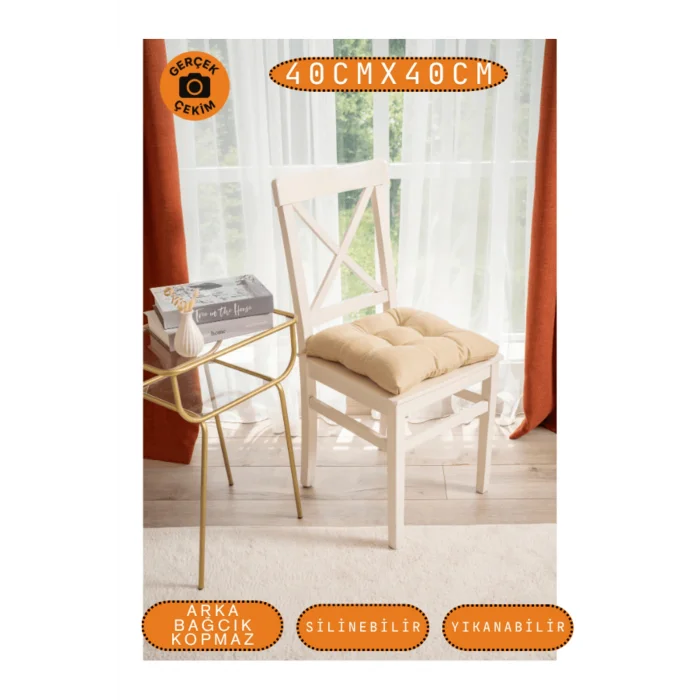 4’lü Pastello Sandalye Minderi – Bej – Bağcıklı, Slikon Dolgulu, Yıkanabilir – 40x40