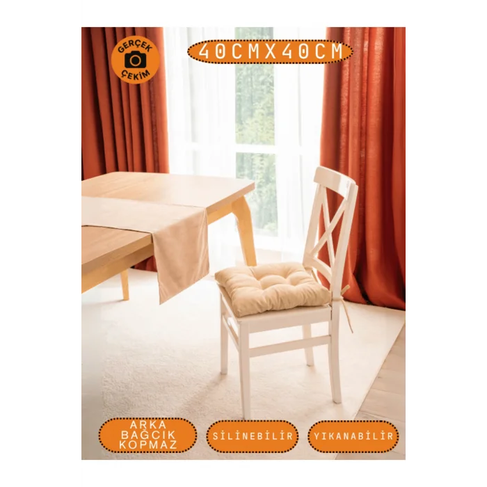4’lü Pastello Sandalye Minderi – Bej – Bağcıklı, Slikon Dolgulu, Yıkanabilir – 40x40