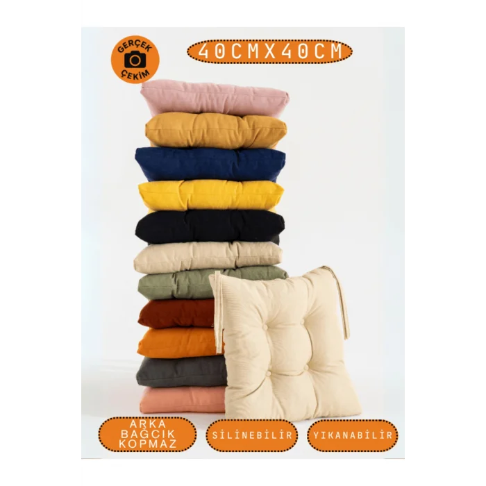 4’lü Pastello Sandalye Minderi – Bej – Bağcıklı, Slikon Dolgulu, Yıkanabilir – 40x40