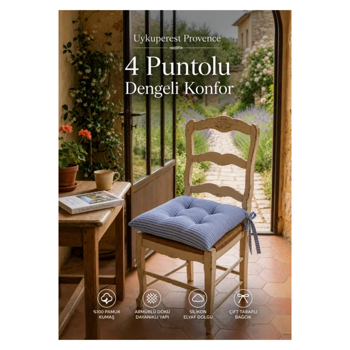 Pastello Pofidik Sandalye Minderi 40x40 Bağcıklı 4 Puntolu Silikon Dolgulu Pamuk Bahçe Balkon Tekli