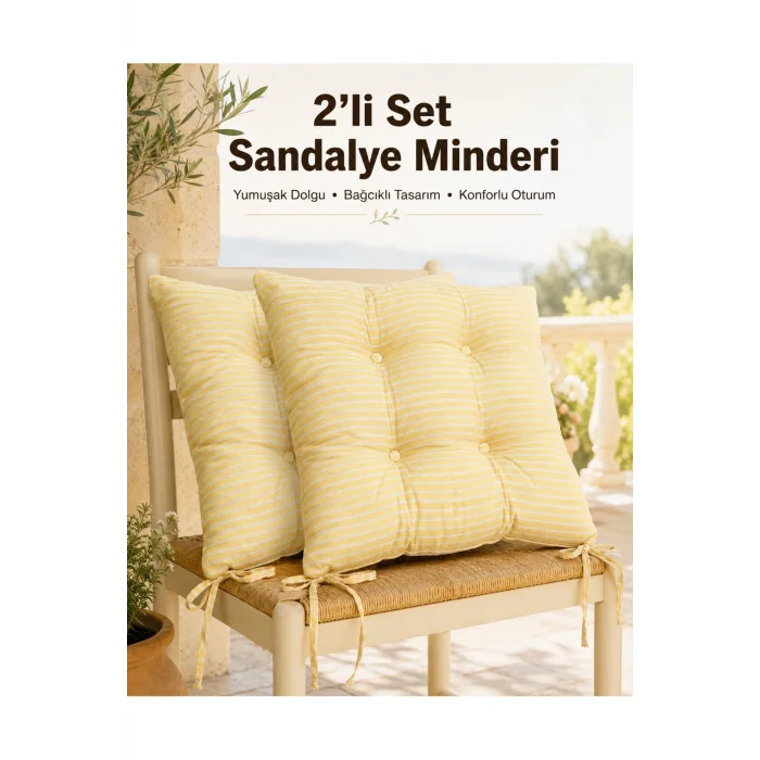 Pastello 2li Sandalye Minderi 40x40 Bağcıklı Pofidik Pamuk Yıkanabilir Silikon Dolgulu Bahçe Balkon
