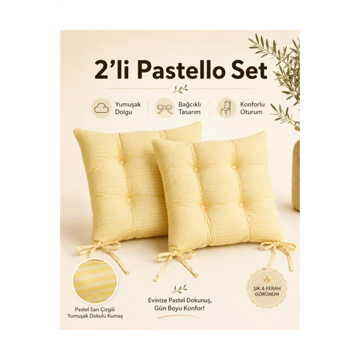 Pastello 2li Sandalye Minderi 40x40 Bağcıklı Pofidik Pamuk Yıkanabilir Silikon Dolgulu Bahçe Balkon