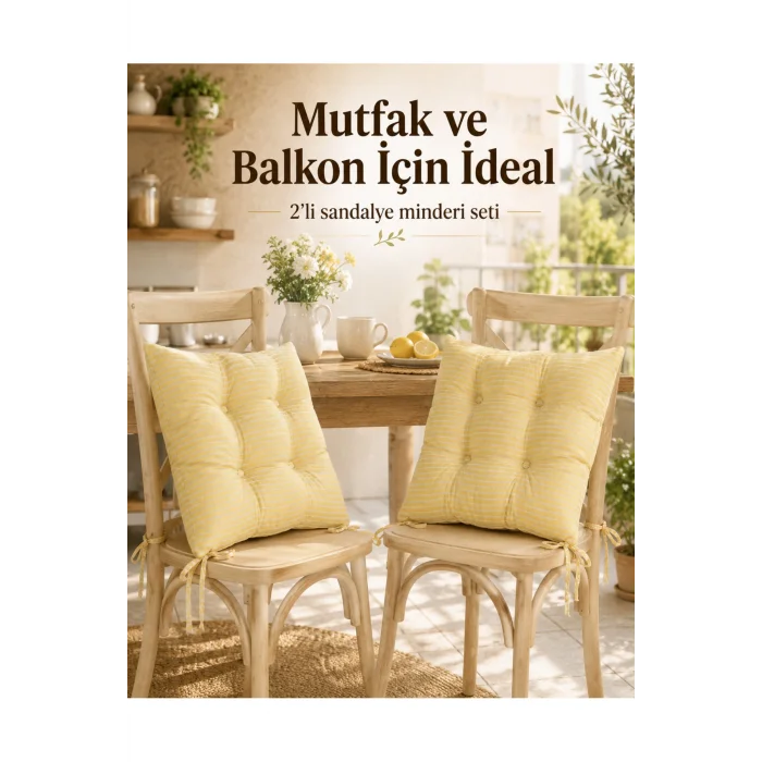 Pastello 2li Sandalye Minderi 40x40 Bağcıklı Pofidik Pamuk Yıkanabilir Silikon Dolgulu Bahçe Balkon
