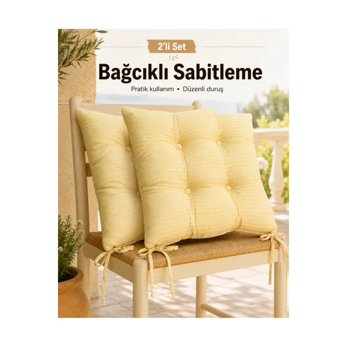Pastello 2li Sandalye Minderi 40x40 Bağcıklı Pofidik Pamuk Yıkanabilir Silikon Dolgulu Bahçe Balkon