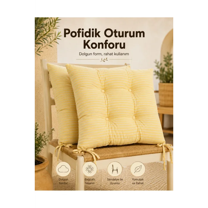 Pastello 2li Sandalye Minderi 40x40 Bağcıklı Pofidik Pamuk Yıkanabilir Silikon Dolgulu Bahçe Balkon