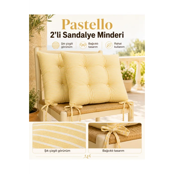 Pastello 2li Sandalye Minderi 40x40 Bağcıklı Pofidik Pamuk Yıkanabilir Silikon Dolgulu Bahçe Balkon