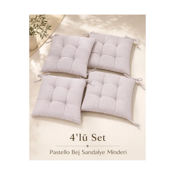 Pastello 4lü Sandalye Minderi 40x40 Bağcıklı Pofidik Silikon Dolgulu Yıkanabilir Bahçe Balkon