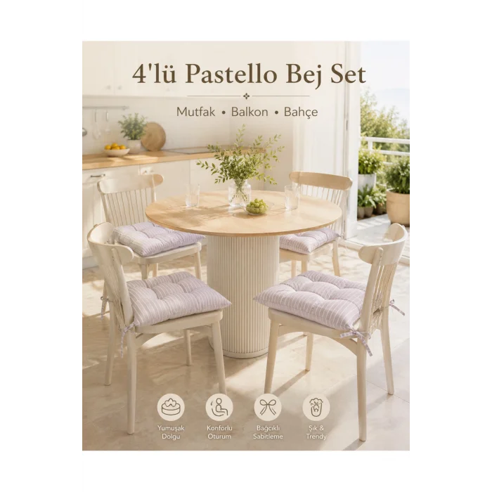 Pastello 4lü Sandalye Minderi 40x40 Bağcıklı Pofidik Silikon Dolgulu Yıkanabilir Bahçe Balkon