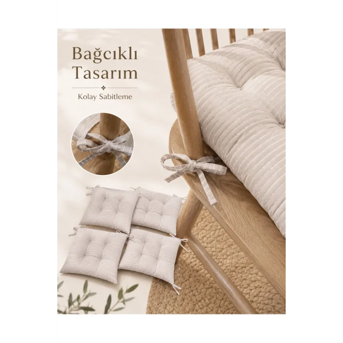 Pastello 4lü Sandalye Minderi 40x40 Bağcıklı Pofidik Silikon Dolgulu Yıkanabilir Bahçe Balkon