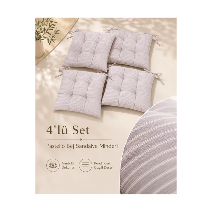 Pastello 4lü Sandalye Minderi 40x40 Bağcıklı Pofidik Silikon Dolgulu Yıkanabilir Bahçe Balkon