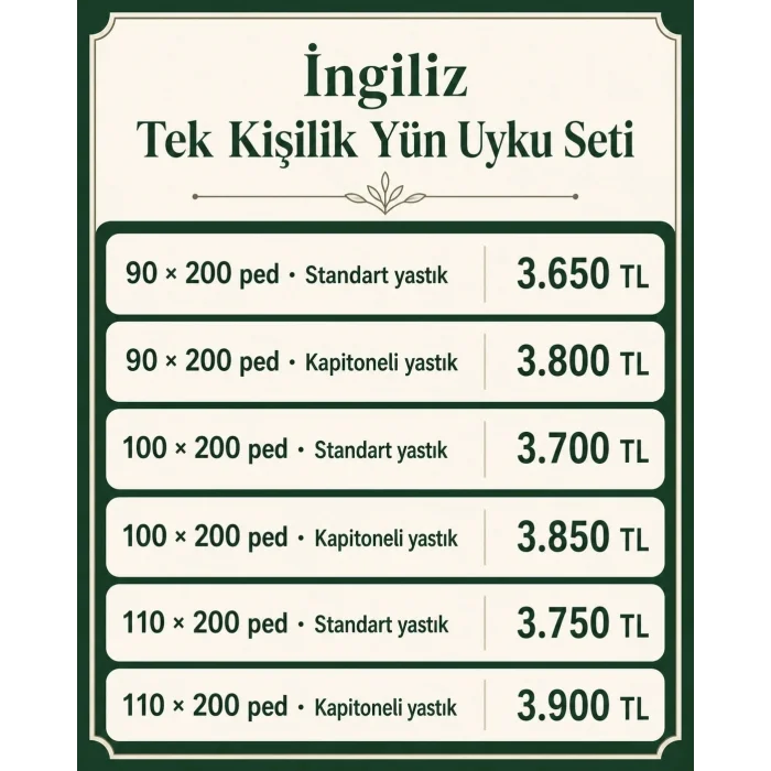 İngiliz Tek Kişilik Yün Uyku Seti