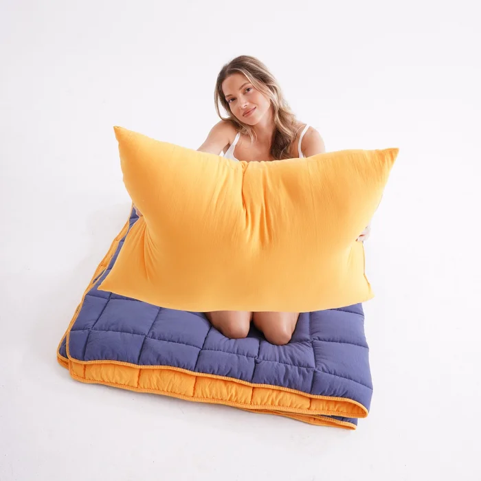 Soft Comfort Yorgan ve Yastık Uyku Seti Hardal & Lacivert