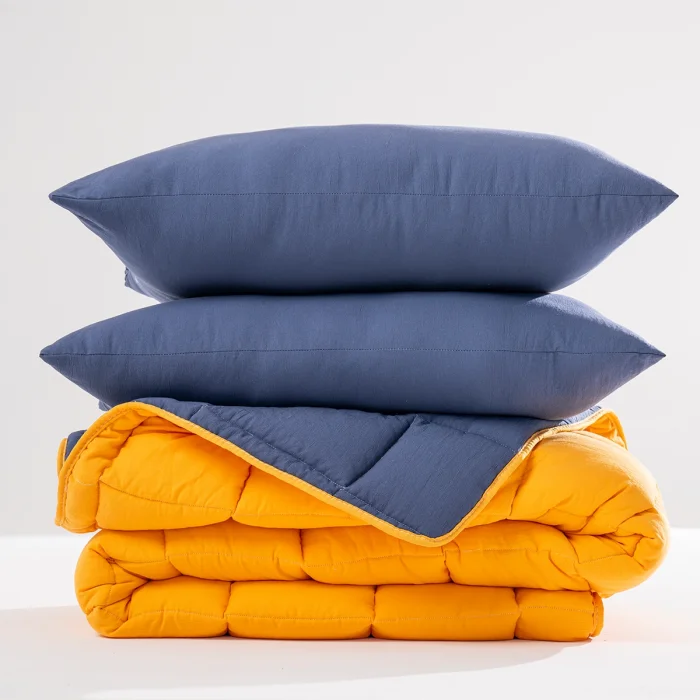 Soft Comfort Yorgan ve Yastık Uyku Seti Hardal & Lacivert