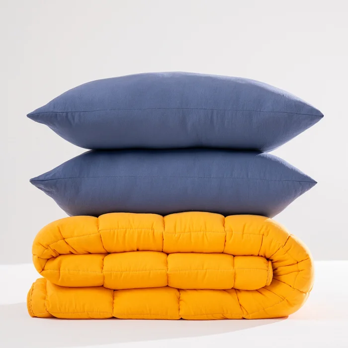 Soft Comfort Yorgan ve Yastık Uyku Seti Hardal & Lacivert