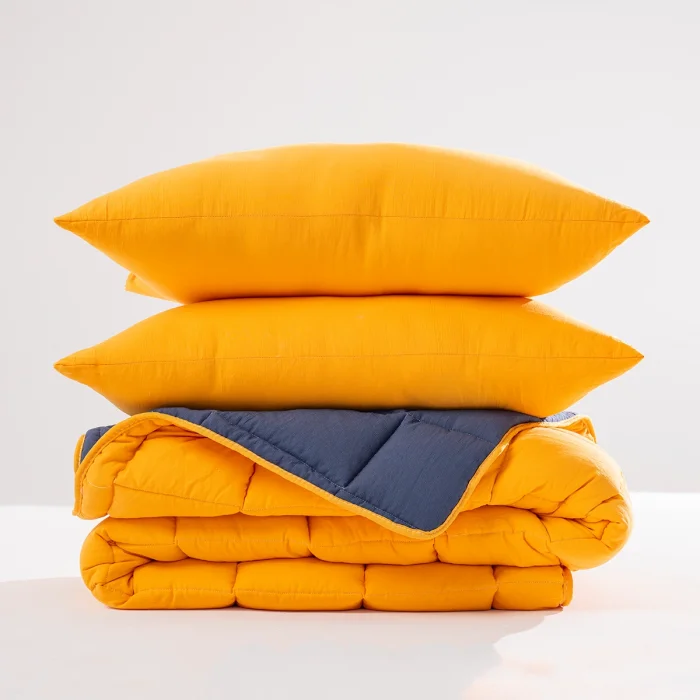 Soft Comfort Yorgan ve Yastık Uyku Seti Hardal & Lacivert