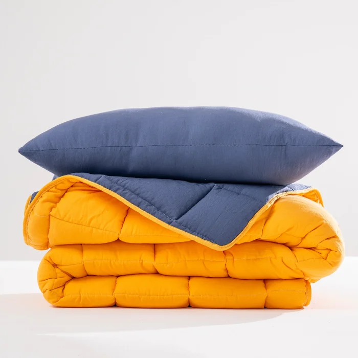 Soft Comfort Yorgan ve Yastık Uyku Seti Hardal & Lacivert