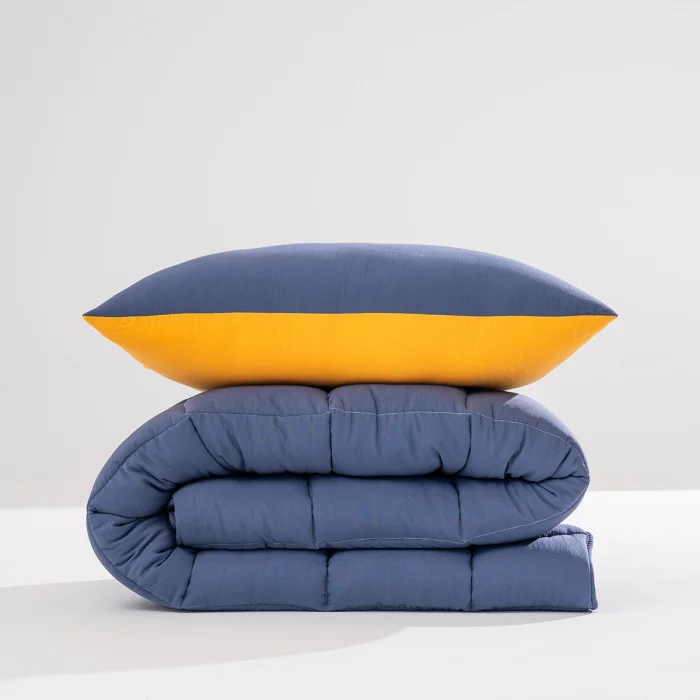 Soft Comfort Yorgan ve Yastık Uyku Seti Lacivert & Hardal Dobule Face