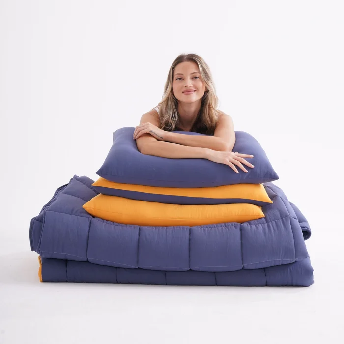 Soft Comfort Yorgan ve Yastık Uyku Seti Lacivert & Hardal Dobule Face