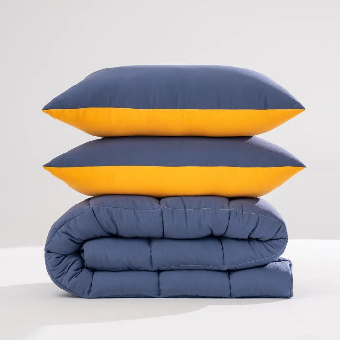 Soft Comfort Yorgan ve Yastık Uyku Seti Lacivert & Hardal Dobule Face