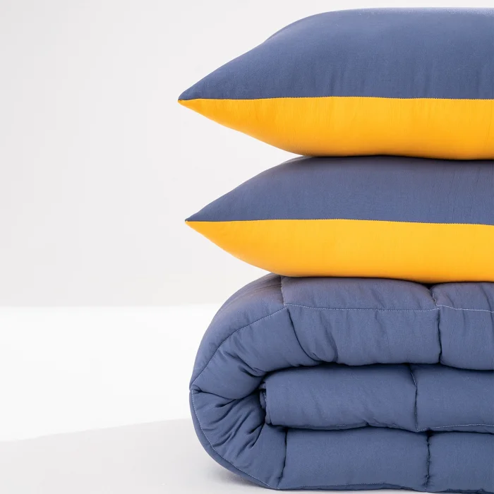 Soft Comfort Yorgan ve Yastık Uyku Seti Lacivert & Hardal Dobule Face