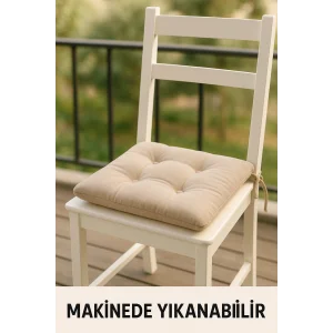 Pofidık Bej Sandalye Minderi – Bağcıklı, Slikon Dolgulu, Yıkanabilir