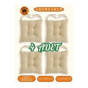 4’lü Pastello Sandalye Minderi – Bej – Bağcıklı, Slikon Dolgulu, Yıkanabilir – 40x40