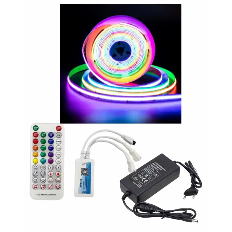 10 Metre 12 Volt 12 mm İç Mekan 720 Ledli Argb Pixel Cob Led SP611E Bluetoothlu Sese Duyarlı Çift Çıkış Kumanda 8A Plastik Trafo Set