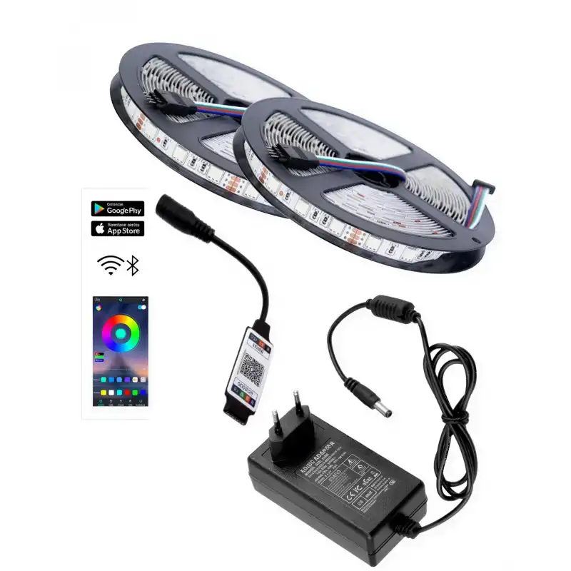 10 Metre 12V 60 Ledli RGB Dış Mekan Şerit Led 5A Priz Tipi Plastik Adaptör Bluetoothlu Telefondan Led Kontrol Üniteli Set